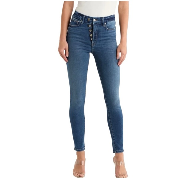 Good American Indigo Good Waist Asymmetrical Button Fly Skinny Jeans Size 6/28 - Picture 2 of 8